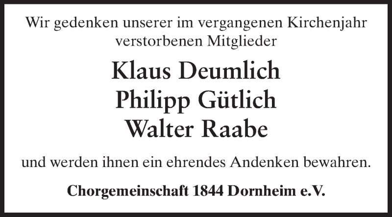  Traueranzeige für Chorgemeinschaft 1844 Dornheim eV gedenkt vom 23.11.2013 aus Rüsselsheimer Echo, Groß-Gerauer-Echo, Ried Echo
