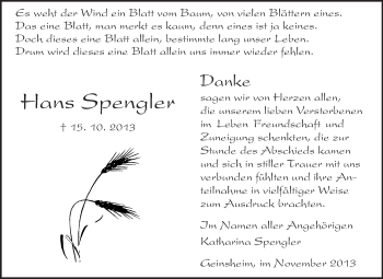 Traueranzeige von Hans Spengler von Rüsselsheimer Echo, Groß-Gerauer-Echo, Ried Echo