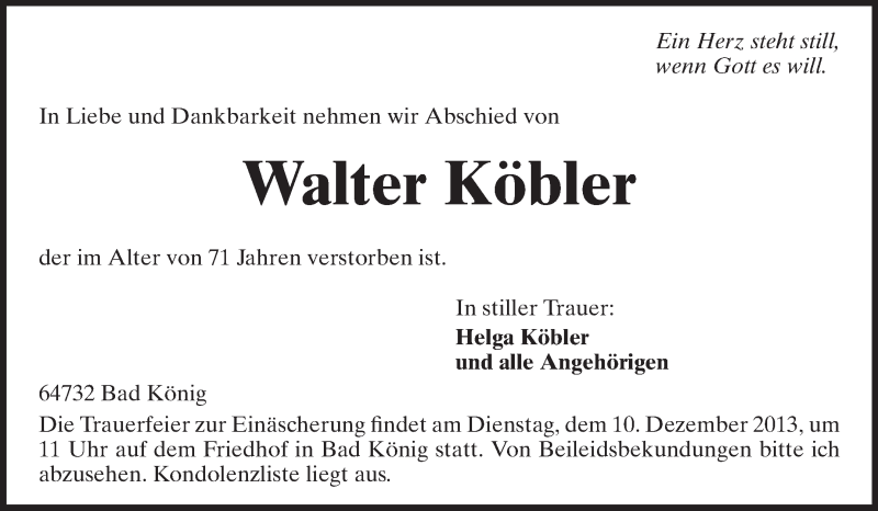 Traueranzeige für Walter Köbler vom 07.12.2013 aus Odenwälder Echo