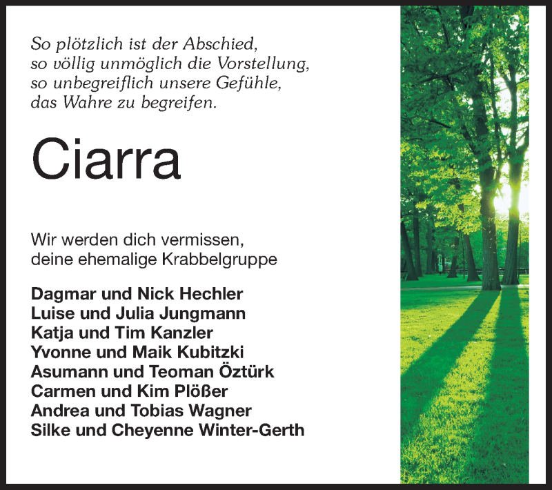  Traueranzeige für Ciarra  vom 17.12.2013 aus Rüsselsheimer Echo, Groß-Gerauer-Echo, Ried Echo