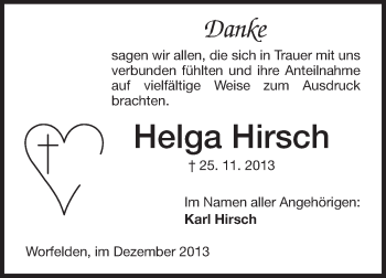 Traueranzeige von Helga Hirsch von Rüsselsheimer Echo, Groß-Gerauer-Echo, Ried Echo