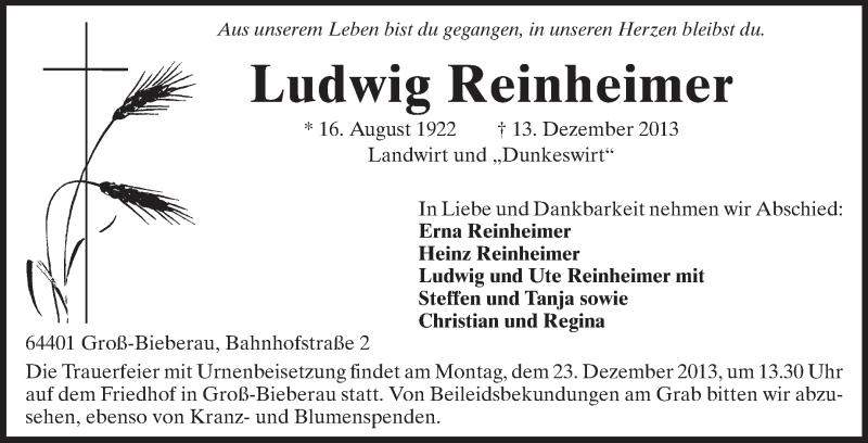  Traueranzeige für Ludwig Reinheimer vom 20.12.2013 aus Echo-Zeitungen (Gesamtausgabe)
