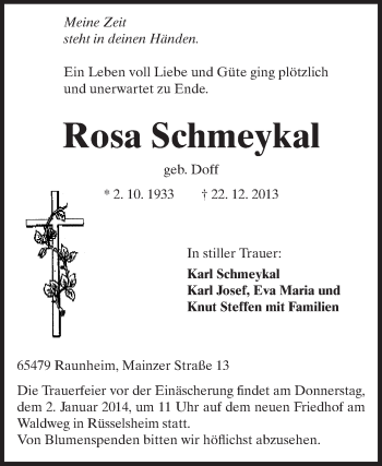 Traueranzeige von Rosa Schmeykal von Rüsselsheimer Echo, Groß-Gerauer-Echo, Ried Echo