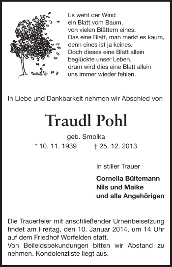 Traueranzeige von Traudl Pohl von Rüsselsheimer Echo, Groß-Gerauer-Echo, Ried Echo
