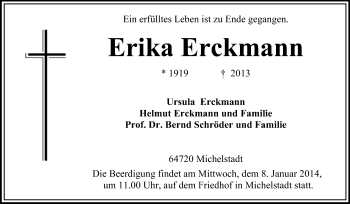 Traueranzeige von Erika Erckmann von Odenwälder Echo