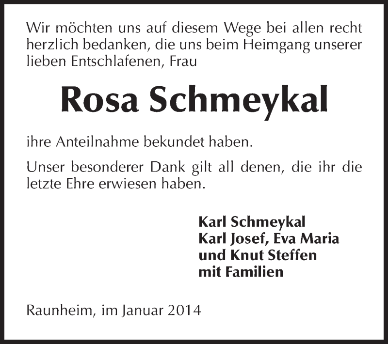  Traueranzeige für Rosa Schmeykal vom 18.01.2014 aus Rüsselsheimer Echo, Groß-Gerauer-Echo, Ried Echo