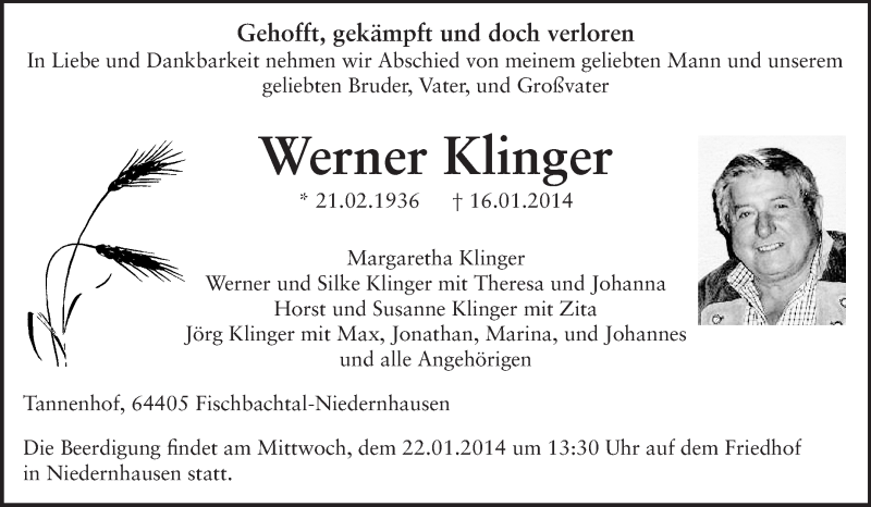  Traueranzeige für Werner Klinger vom 18.01.2014 aus Echo-Zeitungen (Gesamtausgabe)