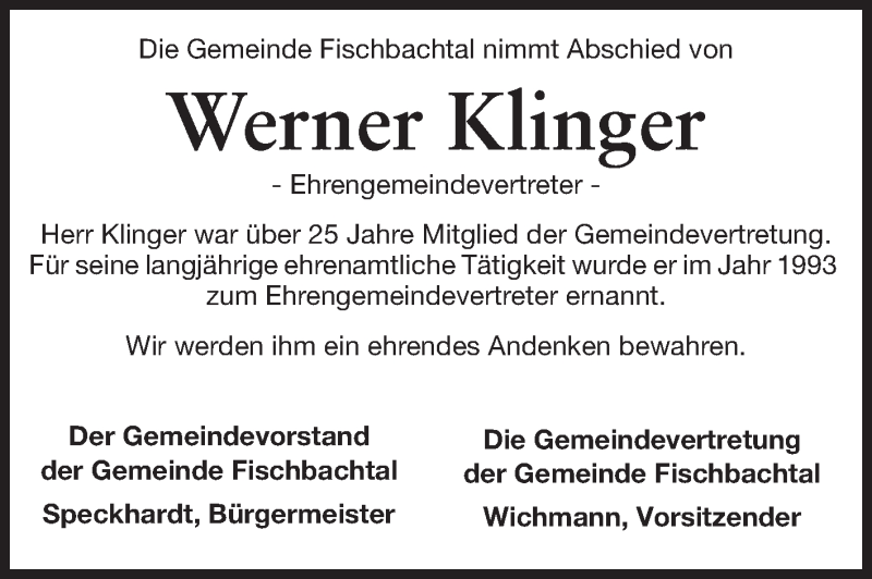  Traueranzeige für Werner Klinger vom 21.01.2014 aus Echo-Zeitungen (Gesamtausgabe)