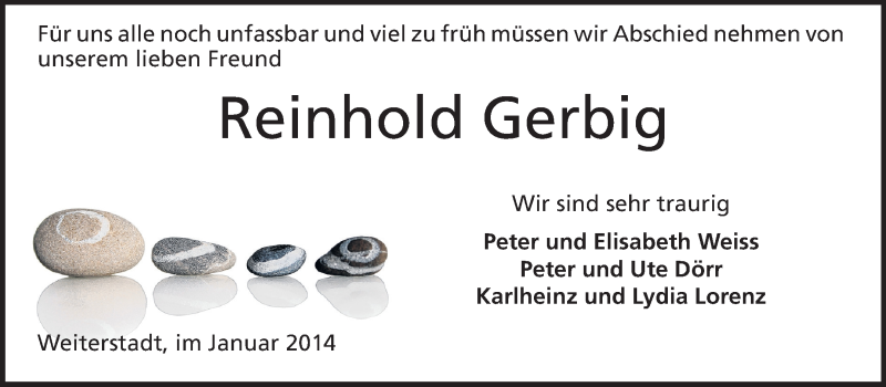  Traueranzeige für Reinhold Gerbig vom 22.01.2014 aus Echo-Zeitungen (Gesamtausgabe)