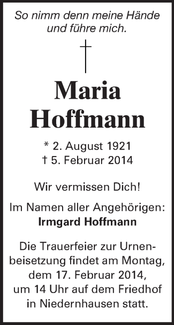 Traueranzeige von Maria Hoffmann von Echo-Zeitungen (Gesamtausgabe)