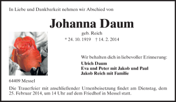Traueranzeige von Johanna Daum von Echo-Zeitungen (Gesamtausgabe)