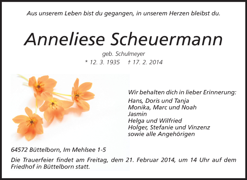  Traueranzeige für Anneliese Scheuermann vom 19.02.2014 aus Rüsselsheimer Echo, Groß-Gerauer-Echo, Ried Echo