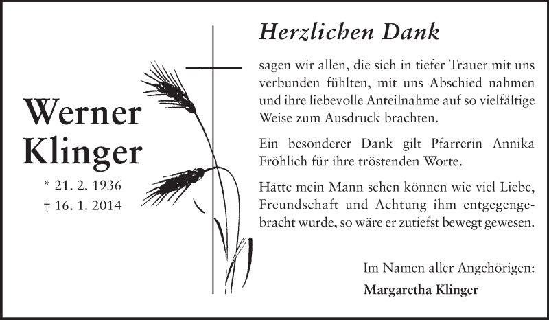  Traueranzeige für Werner Klinger vom 22.02.2014 aus Echo-Zeitungen (Gesamtausgabe)