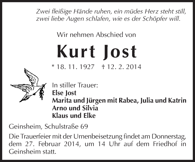  Traueranzeige für Kurt Jost vom 21.02.2014 aus Rüsselsheimer Echo, Groß-Gerauer-Echo, Ried Echo