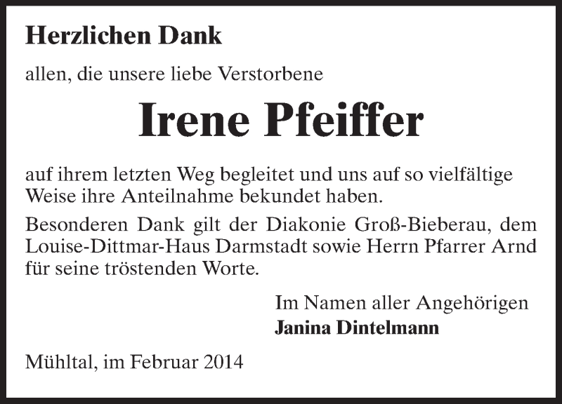  Traueranzeige für Irene Pfeiffer vom 22.02.2014 aus Echo-Zeitungen (Gesamtausgabe)