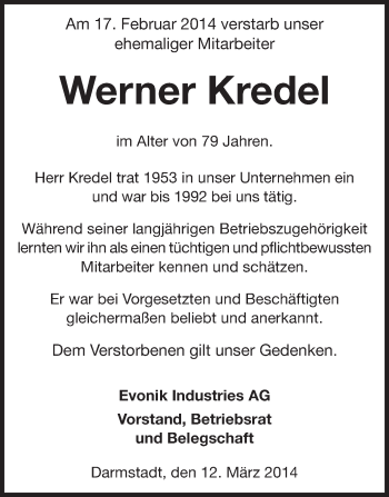 Traueranzeige von Werner Kredel von Echo-Zeitungen (Gesamtausgabe)