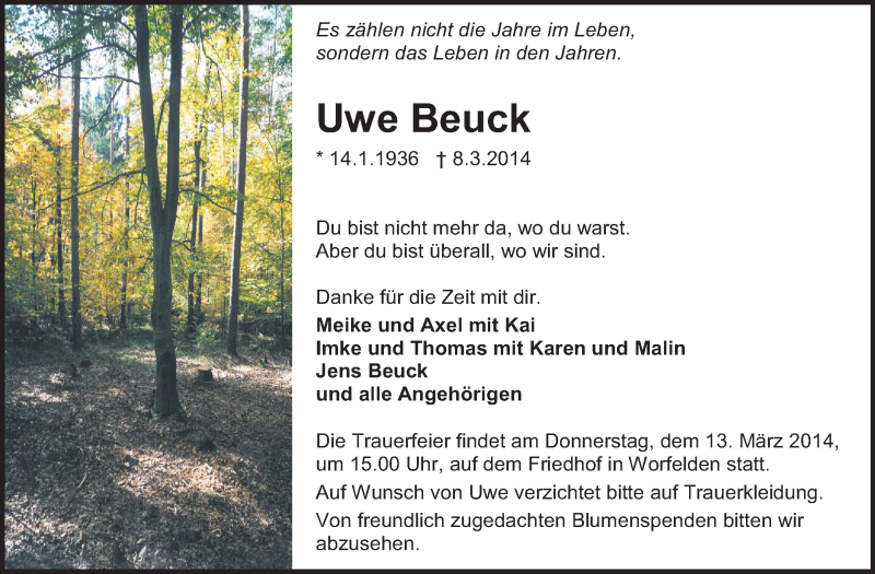  Traueranzeige für Uwe Beuck vom 12.03.2014 aus Echo-Zeitungen (Gesamtausgabe)
