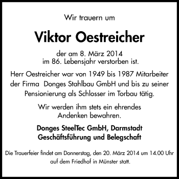 Traueranzeige von Viktor Oestreicher von Echo-Zeitungen (Gesamtausgabe)