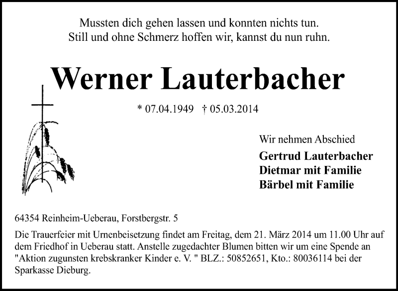  Traueranzeige für Werner Lauterbacher vom 15.03.2014 aus Darmstädter Echo, Odenwälder Echo, Rüsselsheimer Echo, Groß-Gerauer-Echo, Ried Echo