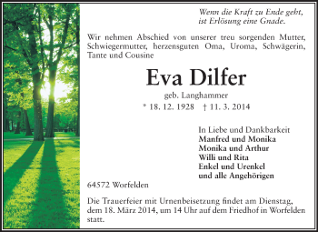 Traueranzeige von Eva Dilfer von Rüsselsheimer Echo, Groß-Gerauer-Echo, Ried Echo