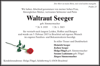 Traueranzeige von Waltraut Seeger von Echo-Zeitungen (Gesamtausgabe)