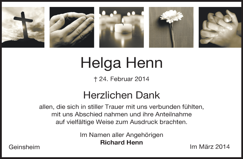  Traueranzeige für Helga Henn vom 29.03.2014 aus Rüsselsheimer Echo, Groß-Gerauer-Echo, Ried Echo