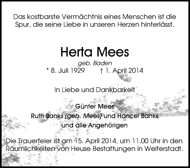  Traueranzeige für Herta Mees vom 12.04.2014 aus Echo-Zeitungen (Gesamtausgabe)