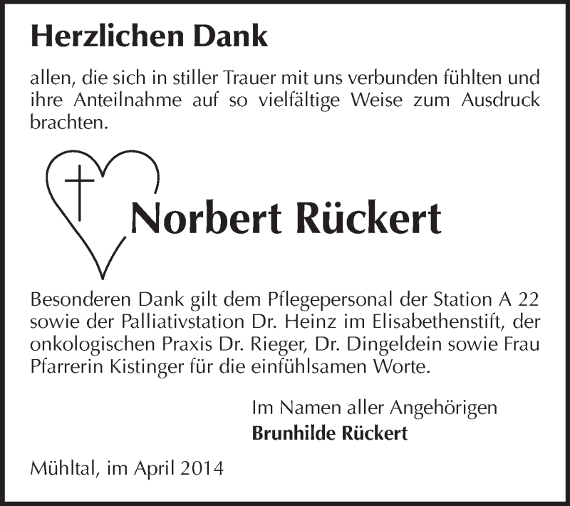  Traueranzeige für Norbert Rückert vom 12.04.2014 aus Echo-Zeitungen (Gesamtausgabe)