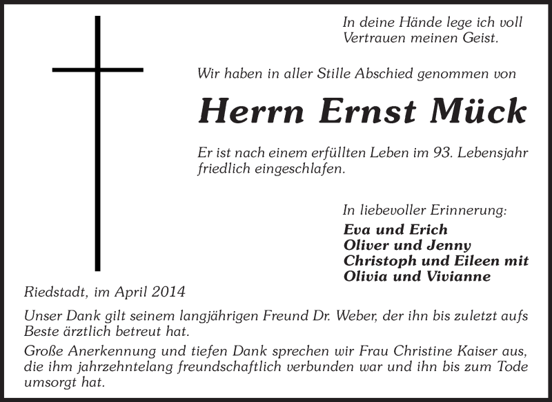  Traueranzeige für Ernst Mück vom 19.04.2014 aus Rüsselsheimer Echo, Groß-Gerauer-Echo, Ried Echo