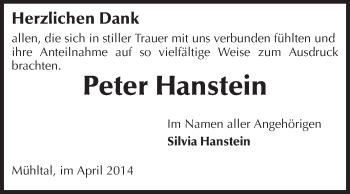 Traueranzeige von Peter Hanstein von Echo-Zeitungen (Gesamtausgabe)