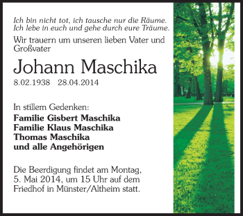 Traueranzeige von Johann Maschika von Echo-Zeitungen (Gesamtausgabe)