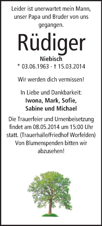 Traueranzeige von Rüdiger Niebisch von Rüsselsheimer Echo, Groß-Gerauer-Echo, Ried Echo