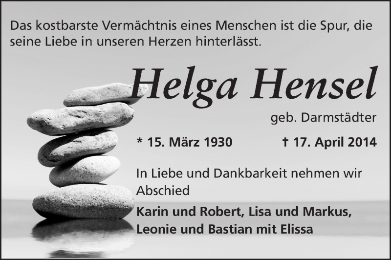  Traueranzeige für Helga Hensel vom 10.05.2014 aus Echo-Zeitungen (Gesamtausgabe)