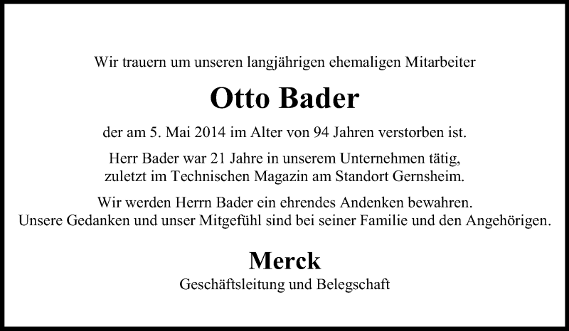  Traueranzeige für Otto Bader vom 09.05.2014 aus Echo-Zeitungen (Gesamtausgabe)