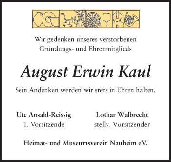 Traueranzeige von August Erwin Kaul von Rüsselsheimer Echo, Groß-Gerauer-Echo, Ried Echo