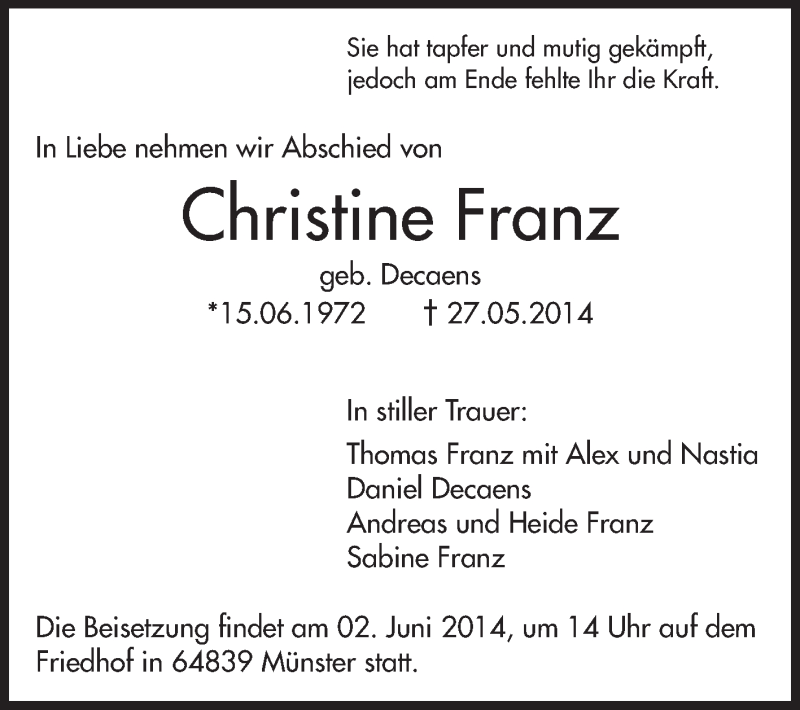  Traueranzeige für Christine Franz vom 30.05.2014 aus Echo-Zeitungen (Gesamtausgabe)