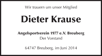 Traueranzeige von Dieter Krause von Odenwälder Echo