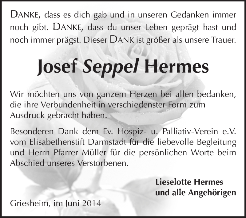  Traueranzeige für Josef Seppel Hermes vom 14.06.2014 aus Echo-Zeitungen (Gesamtausgabe)