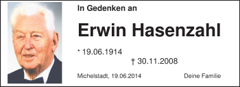 Traueranzeige von Erwin Hasenzahl von Odenwälder Echo