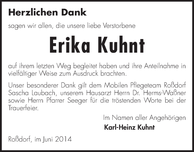  Traueranzeige für Erika Kuhnt vom 28.06.2014 aus Echo-Zeitungen (Gesamtausgabe)