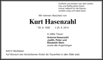 Traueranzeige von Kurt Hasenzahl von Rüsselsheimer Echo, Groß-Gerauer-Echo, Ried Echo