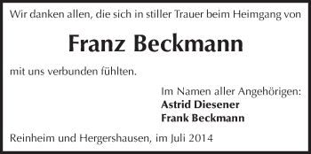 Traueranzeige von Franz Beckmann von Darmstädter Echo, Odenwälder Echo, Rüsselsheimer Echo, Groß-Gerauer-Echo, Ried Echo