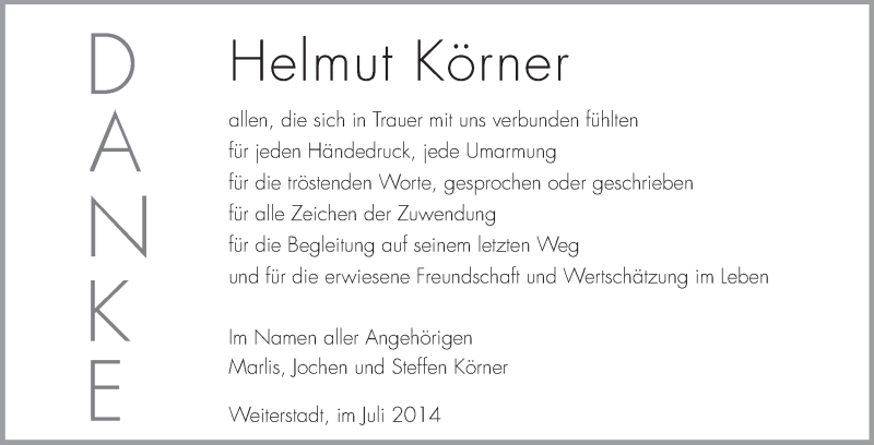  Traueranzeige für Helmut Körner vom 02.08.2014 aus Echo-Zeitungen (Gesamtausgabe)