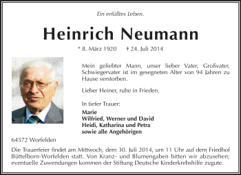 Traueranzeige von Heinrich Neumann von Echo-Zeitungen (Gesamtausgabe)