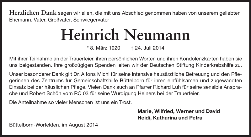  Traueranzeige für Heinrich Neumann vom 11.08.2014 aus Echo-Zeitungen (Gesamtausgabe)