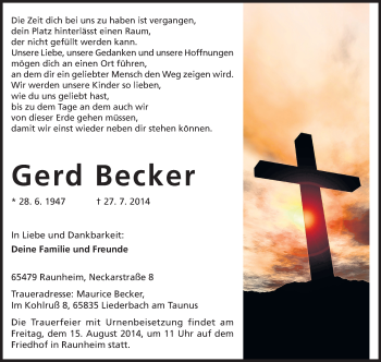 Traueranzeige von Gerd Becker von Rüsselsheimer Echo, Groß-Gerauer-Echo, Ried Echo