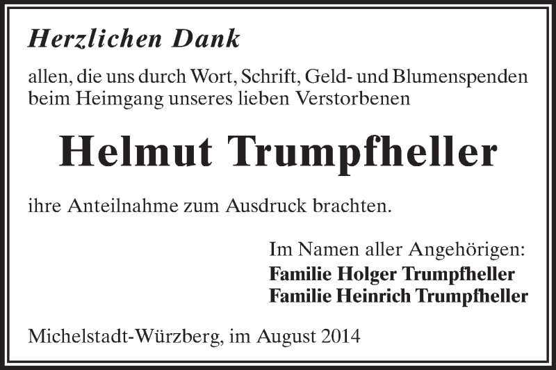  Traueranzeige für Helmut Trumpfheller vom 23.08.2014 aus Odenwälder Echo