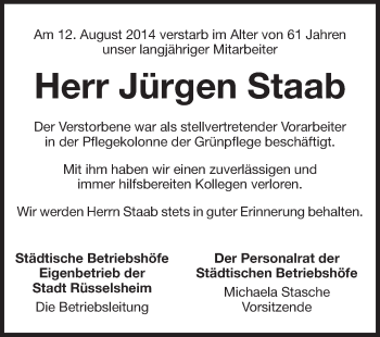 Traueranzeige von Jürgen Staab von Rüsselsheimer Echo, Groß-Gerauer-Echo, Ried Echo