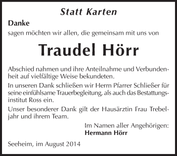 Traueranzeige von Traudel Hörr von Echo-Zeitungen (Gesamtausgabe)