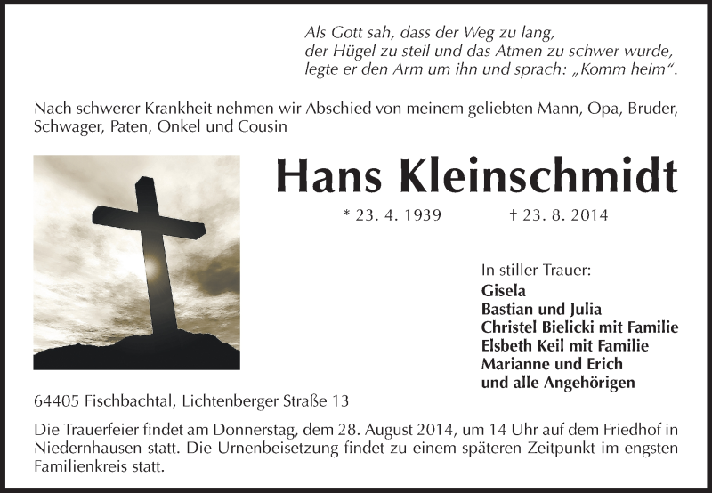  Traueranzeige für Hans Kleinschmidt vom 26.08.2014 aus Echo-Zeitungen (Gesamtausgabe)